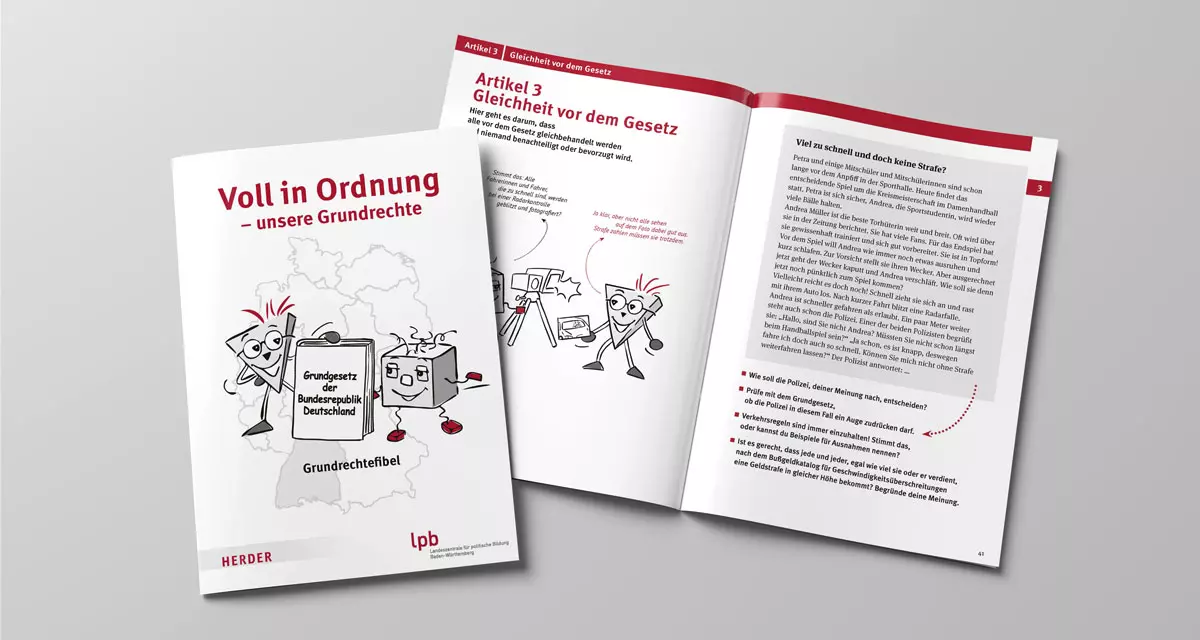 Buch Grundrechtefibel. Einblick innen und außen. Foto: LpB